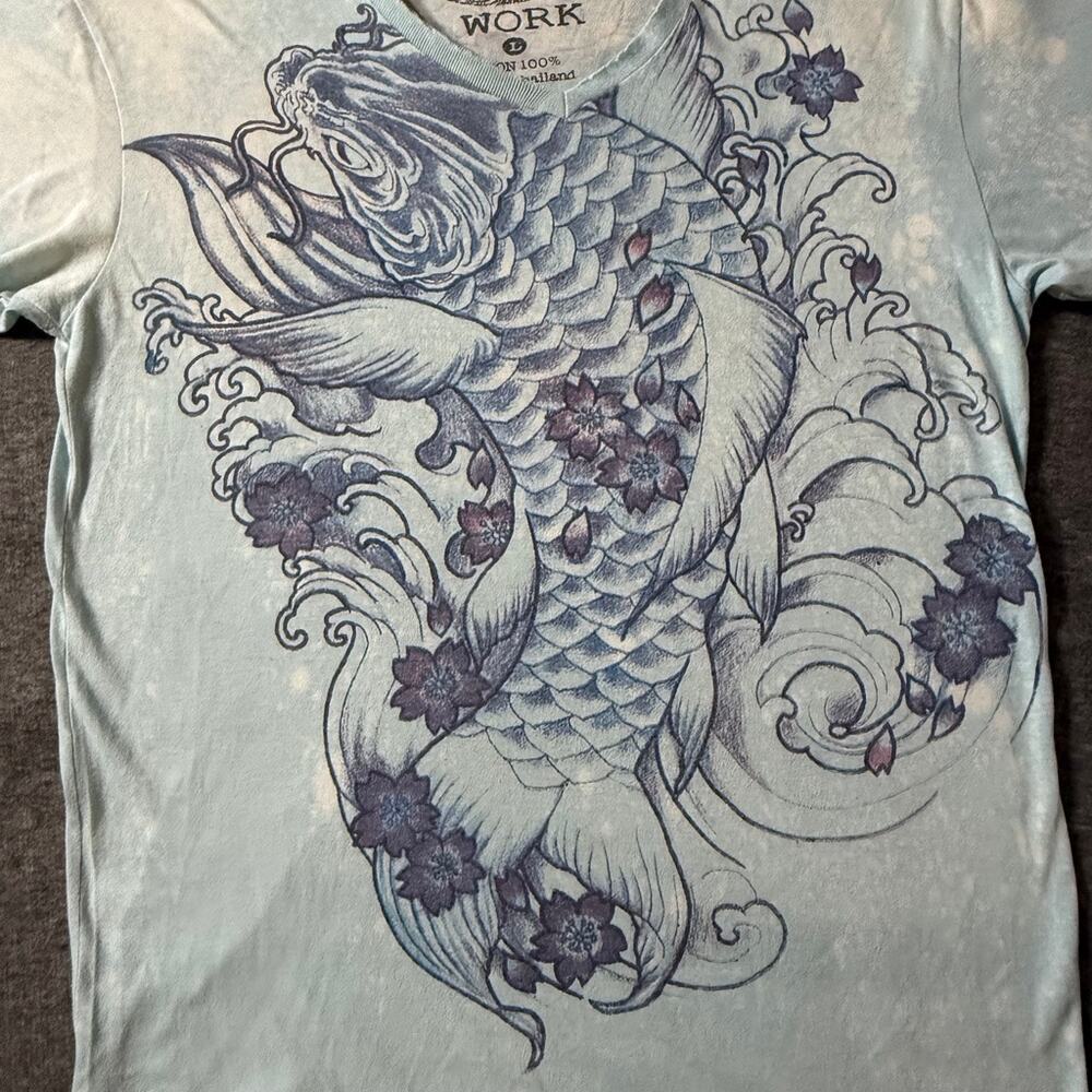 WORK Carp Koi Fish T-Shirt Men Blue White Japan Japanese Tattoo Yakuza V-Neck L - Picture 2 of 11